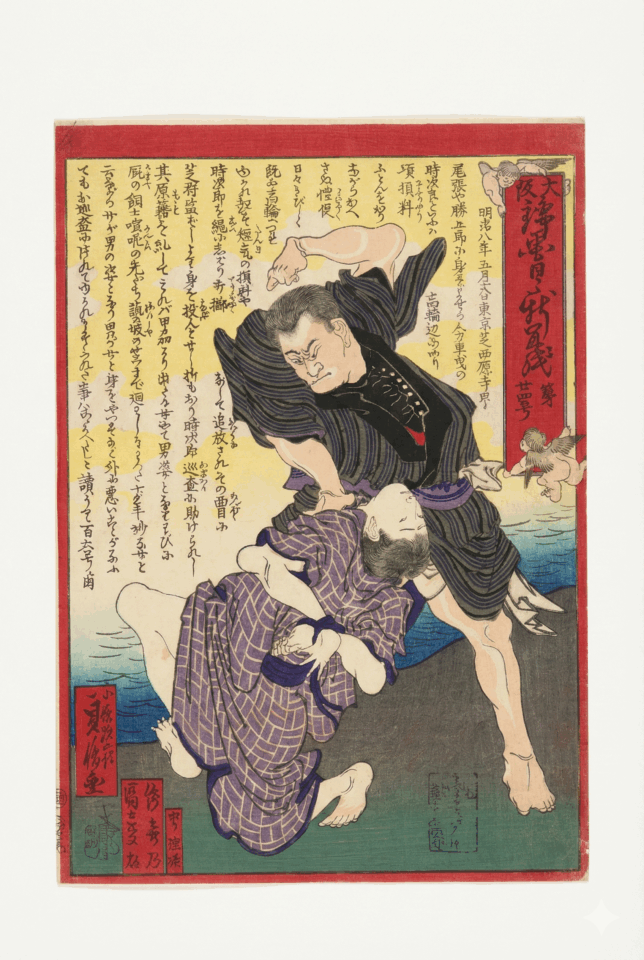 解雇され身投げの人力車夫、実は男装して暮らしていた女だったということを報じる「大阪錦画日々新聞紙. 第24号」。会場では撮影不可でしたので画像は早稲田大学図書館蔵